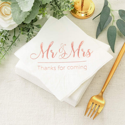 Wedding Napkins Mr Mrs Rose Gold Cocktail Beverage Dessert Napkins for Wedding Tabel Decoration Engagement Party Supplies, 100 Pcs, 3-Ply