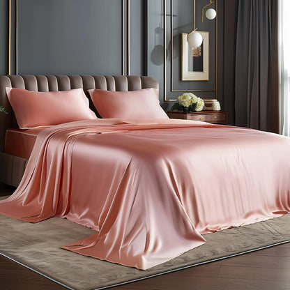 Satin Sheets Queen Size Bed Set, Rose Pink, 4 Pieces