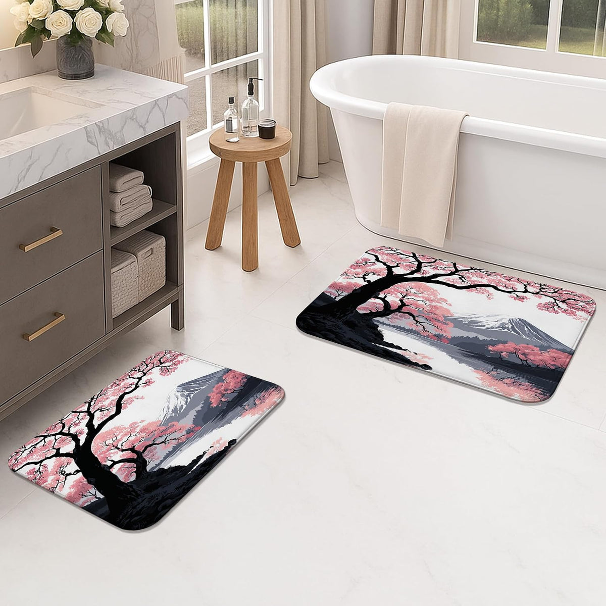 Cherries Blossom Art Quick Dry Bath Mat, Elegant Peach Floral Non Slip Shower Mat, Spring Memory Foam Washable Bath Rugs for Bathroom Toilet Restroom Decorative 20x32 Inch