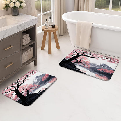 Cherries Blossom Art Quick Dry Bath Mat, Elegant Peach Floral Non Slip Shower Mat, Spring Memory Foam Washable Bath Rugs for Bathroom Toilet Restroom Decorative 20x32 Inch