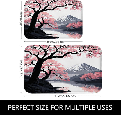 Cherries Blossom Art Quick Dry Bath Mat, Elegant Peach Floral Non Slip Shower Mat, Spring Memory Foam Washable Bath Rugs for Bathroom Toilet Restroom Decorative 20x32 Inch