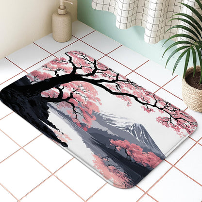 Cherries Blossom Art Quick Dry Bath Mat, Elegant Peach Floral Non Slip Shower Mat, Spring Memory Foam Washable Bath Rugs for Bathroom Toilet Restroom Decorative 20x32 Inch