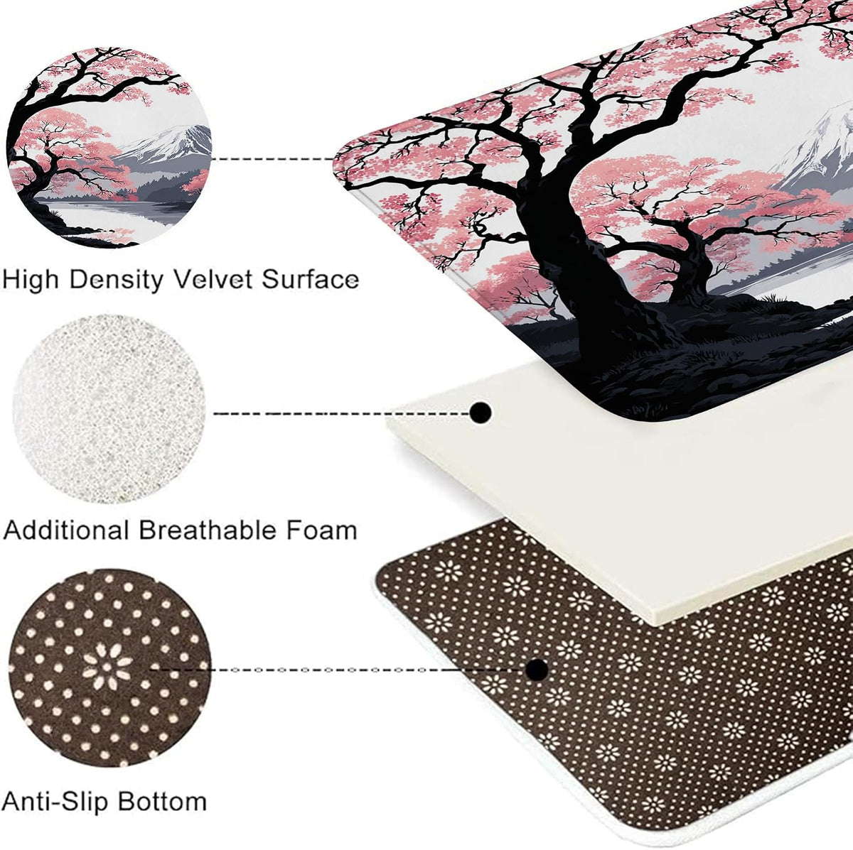 Cherries Blossom Art Quick Dry Bath Mat, Elegant Peach Floral Non Slip Shower Mat, Spring Memory Foam Washable Bath Rugs for Bathroom Toilet Restroom Decorative 20x32 Inch