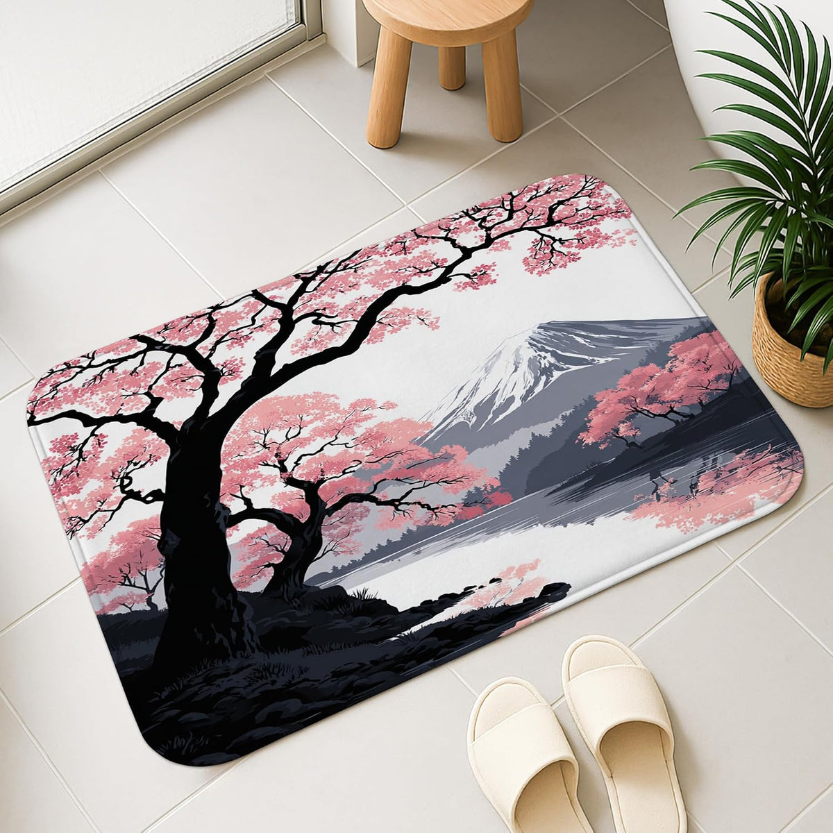 Cherries Blossom Art Quick Dry Bath Mat, Elegant Peach Floral Non Slip Shower Mat, Spring Memory Foam Washable Bath Rugs for Bathroom Toilet Restroom Decorative 20x32 Inch