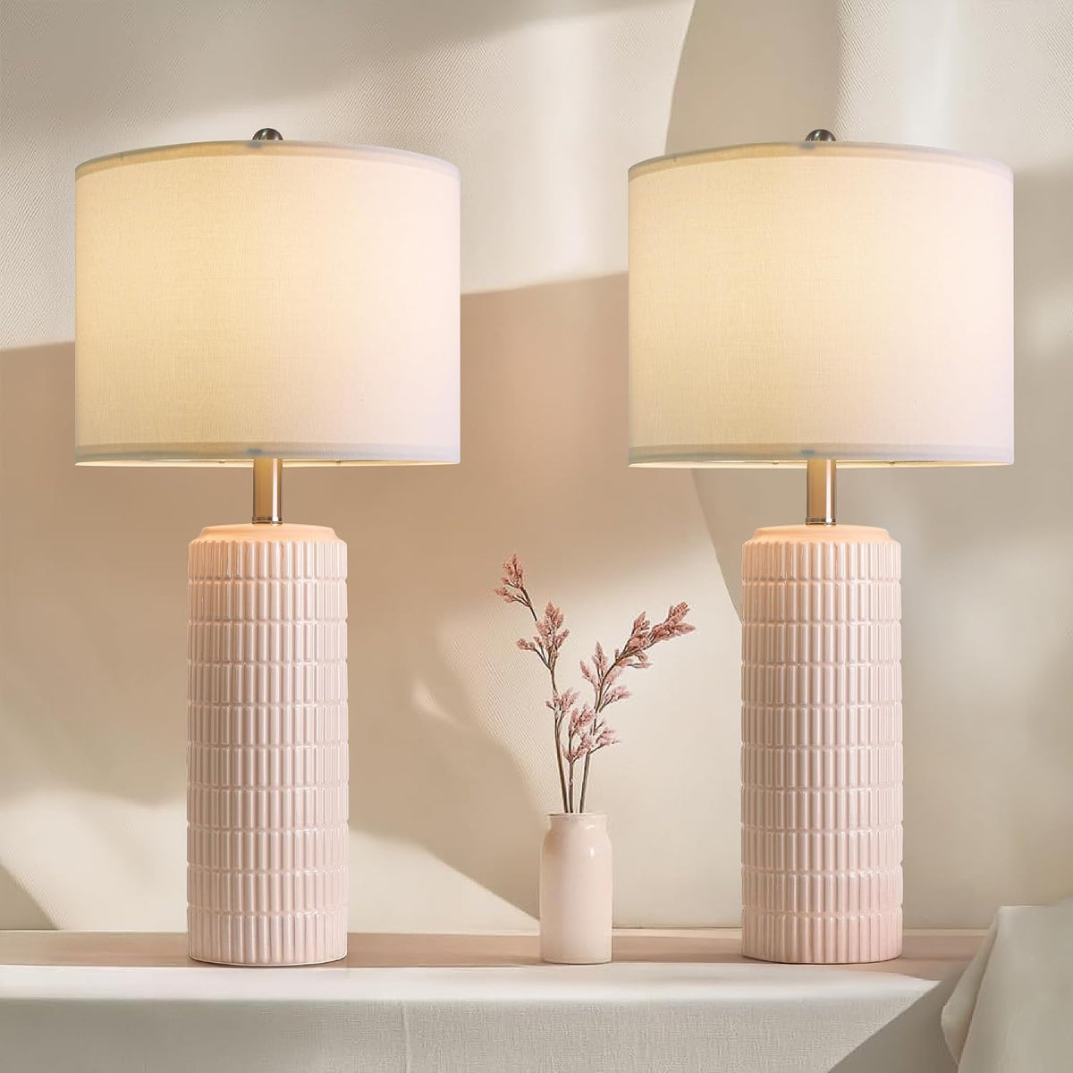 27.5" Pink Ceramic Table Lamps for Girls Room Set of 2, Modern Bedroom Lamps, Bedside Lamps for Night Stands Living Room, Cute Lamps Pink Decor, Nightstands Desk Nursery