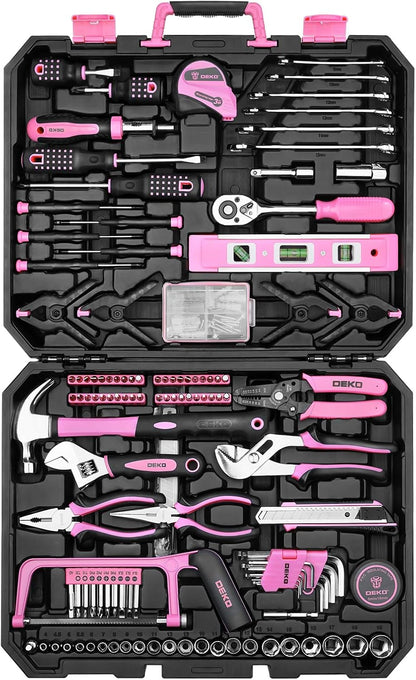Tool Set: 228 Piece Home Tool Kit, Household Basic Repair Tool Set Comes with Storage ToolBox, Socket Wrench Set for Car, Hand Tool Box Set for Home - Pink