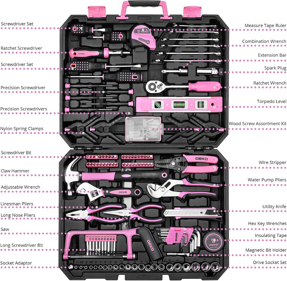 Tool Set: 228 Piece Home Tool Kit, Household Basic Repair Tool Set Comes with Storage ToolBox, Socket Wrench Set for Car, Hand Tool Box Set for Home - Pink