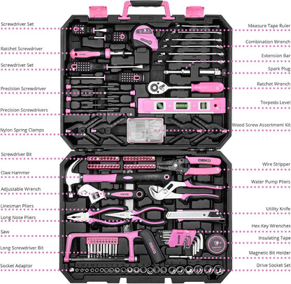 Tool Set: 228 Piece Home Tool Kit, Household Basic Repair Tool Set Comes with Storage ToolBox, Socket Wrench Set for Car, Hand Tool Box Set for Home - Pink