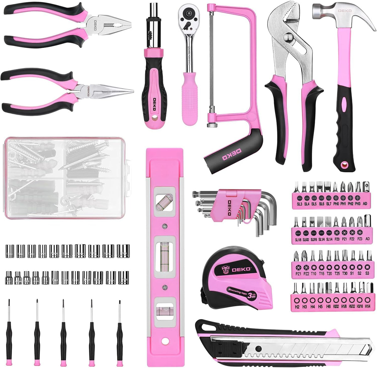 Tool Set: 228 Piece Home Tool Kit, Household Basic Repair Tool Set Comes with Storage ToolBox, Socket Wrench Set for Car, Hand Tool Box Set for Home - Pink