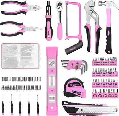 Tool Set: 228 Piece Home Tool Kit, Household Basic Repair Tool Set Comes with Storage ToolBox, Socket Wrench Set for Car, Hand Tool Box Set for Home - Pink