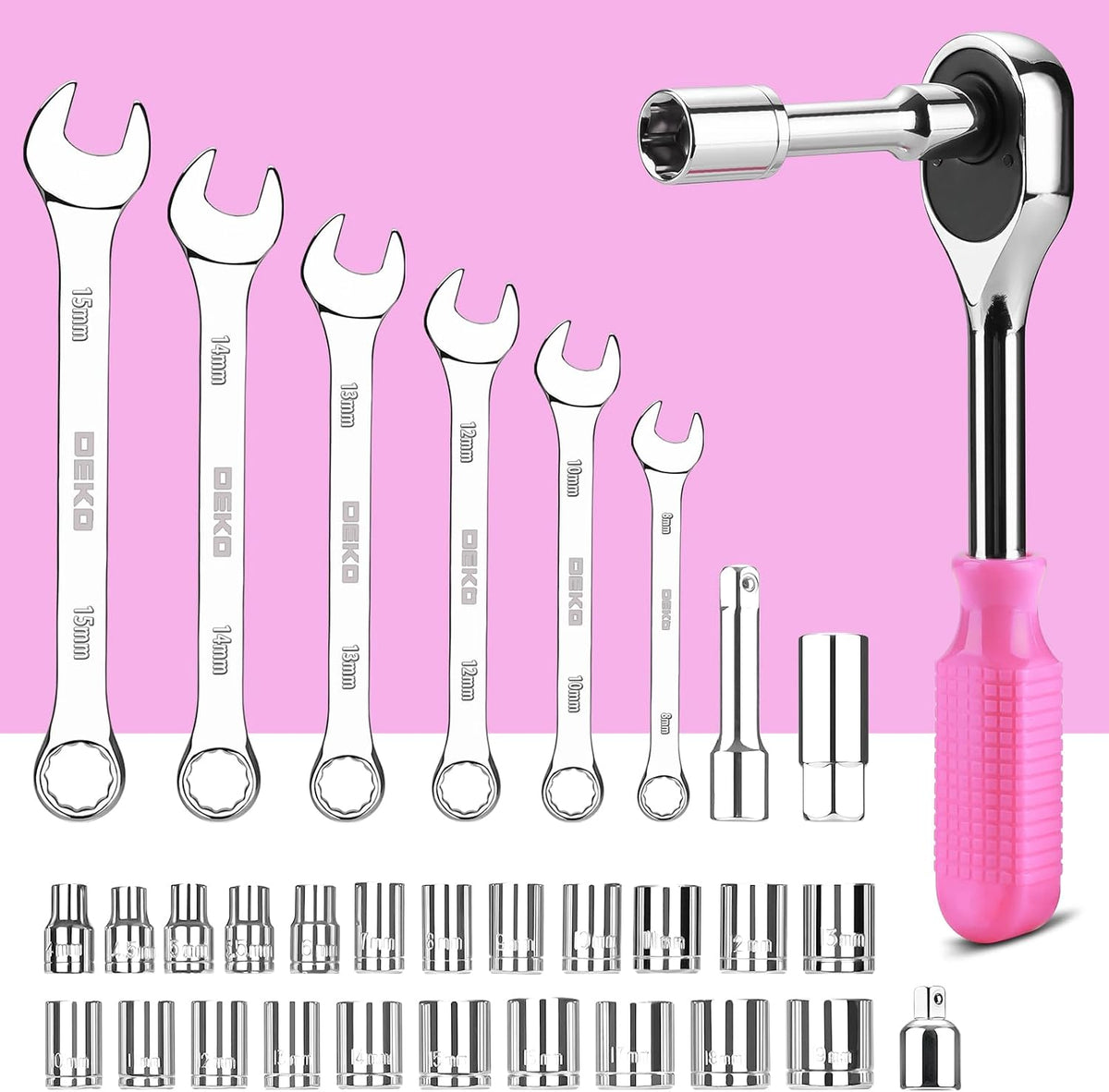 Tool Set: 228 Piece Home Tool Kit, Household Basic Repair Tool Set Comes with Storage ToolBox, Socket Wrench Set for Car, Hand Tool Box Set for Home - Pink