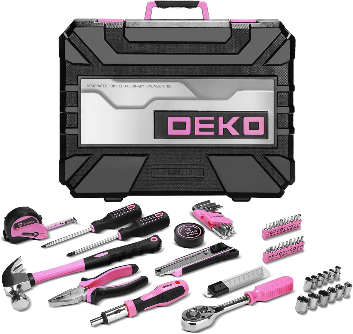 Tool Set: 228 Piece Home Tool Kit, Household Basic Repair Tool Set Comes with Storage ToolBox, Socket Wrench Set for Car, Hand Tool Box Set for Home - Pink
