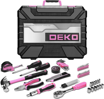 Tool Set: 228 Piece Home Tool Kit, Household Basic Repair Tool Set Comes with Storage ToolBox, Socket Wrench Set for Car, Hand Tool Box Set for Home - Pink