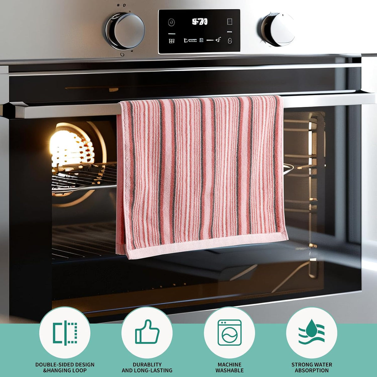 Premium Cotton Kitchen Dish Towels for Drying Dishes,Large Long Kitchen Hand Towels, Thick Highly Absorbent Dish Clothes Tea Towel Sets with Hanging Loop, 16" X 26", 4 Pcs, Pink
