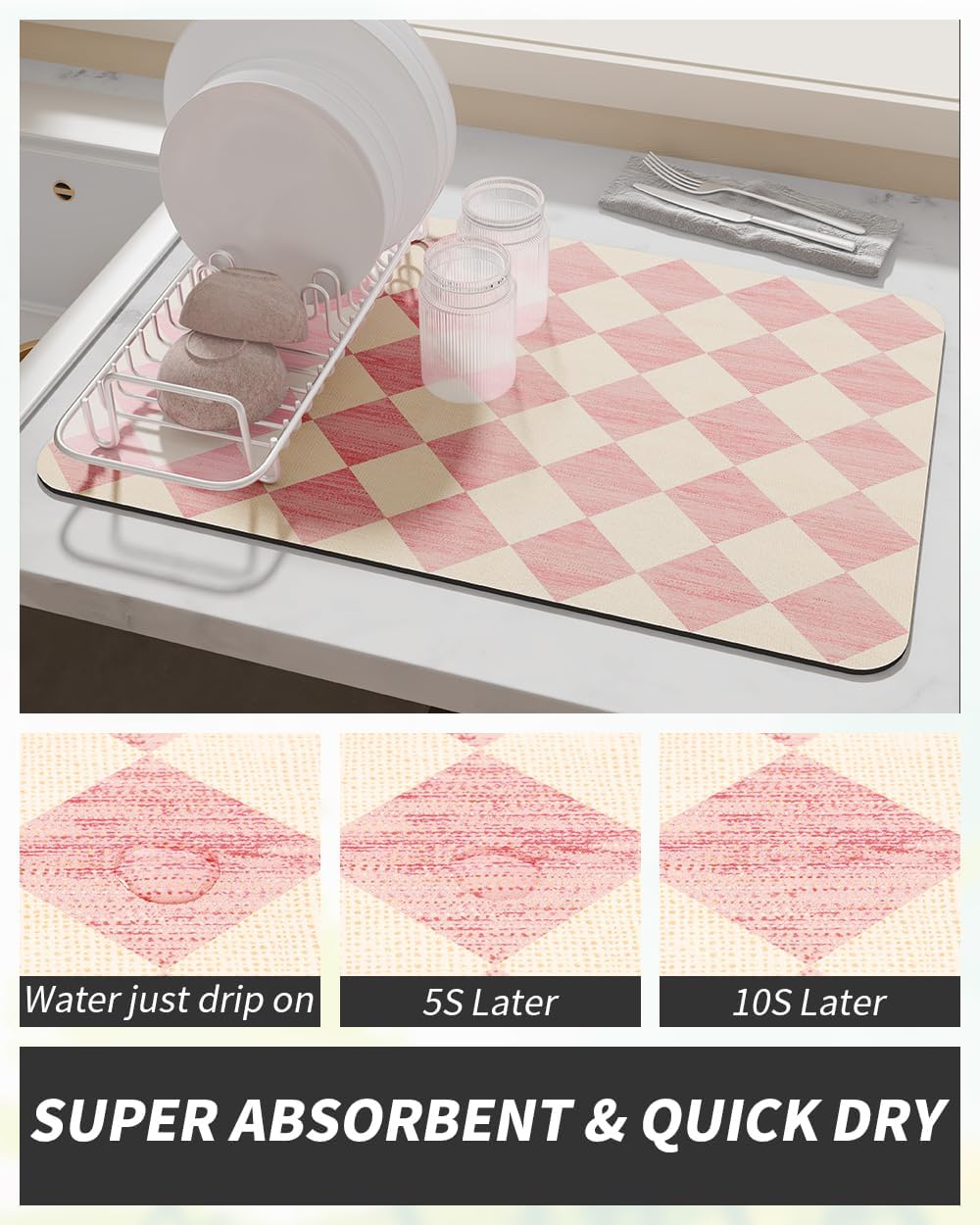 Coffee Mat Hide Stain Rubber Backed Absorbent Dish Drying Mat for Kitchen Counter - Fits Under Coffee Maker or Machine - PINK 12X19