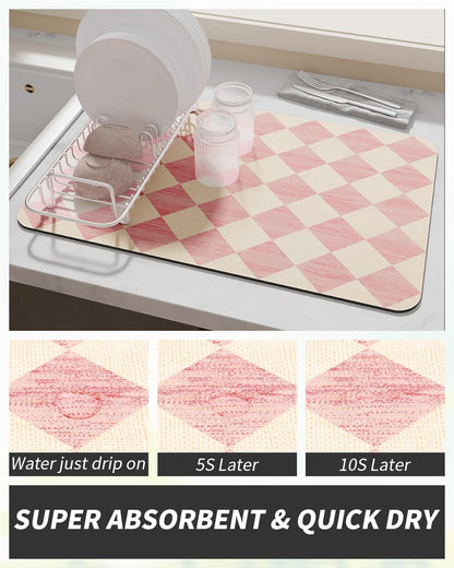Coffee Mat Hide Stain Rubber Backed Absorbent Dish Drying Mat for Kitchen Counter - Fits Under Coffee Maker or Machine - PINK 12X19