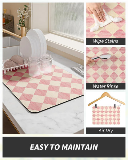 Coffee Mat Hide Stain Rubber Backed Absorbent Dish Drying Mat for Kitchen Counter - Fits Under Coffee Maker or Machine - PINK 12X19