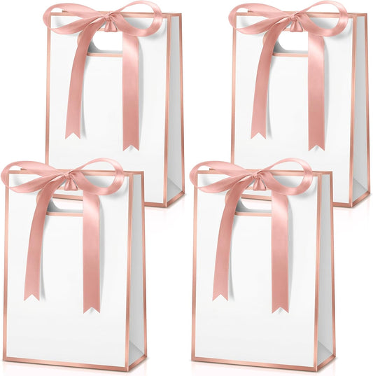30 Pcs Rose Gold Small Gift Bags with Handles, 10.2 x 7.1 x 3.2 Inch Party Favor Bags with Ribbon Bow for Baby Shower Wedding Bridal Shower Graduation Birthday Party