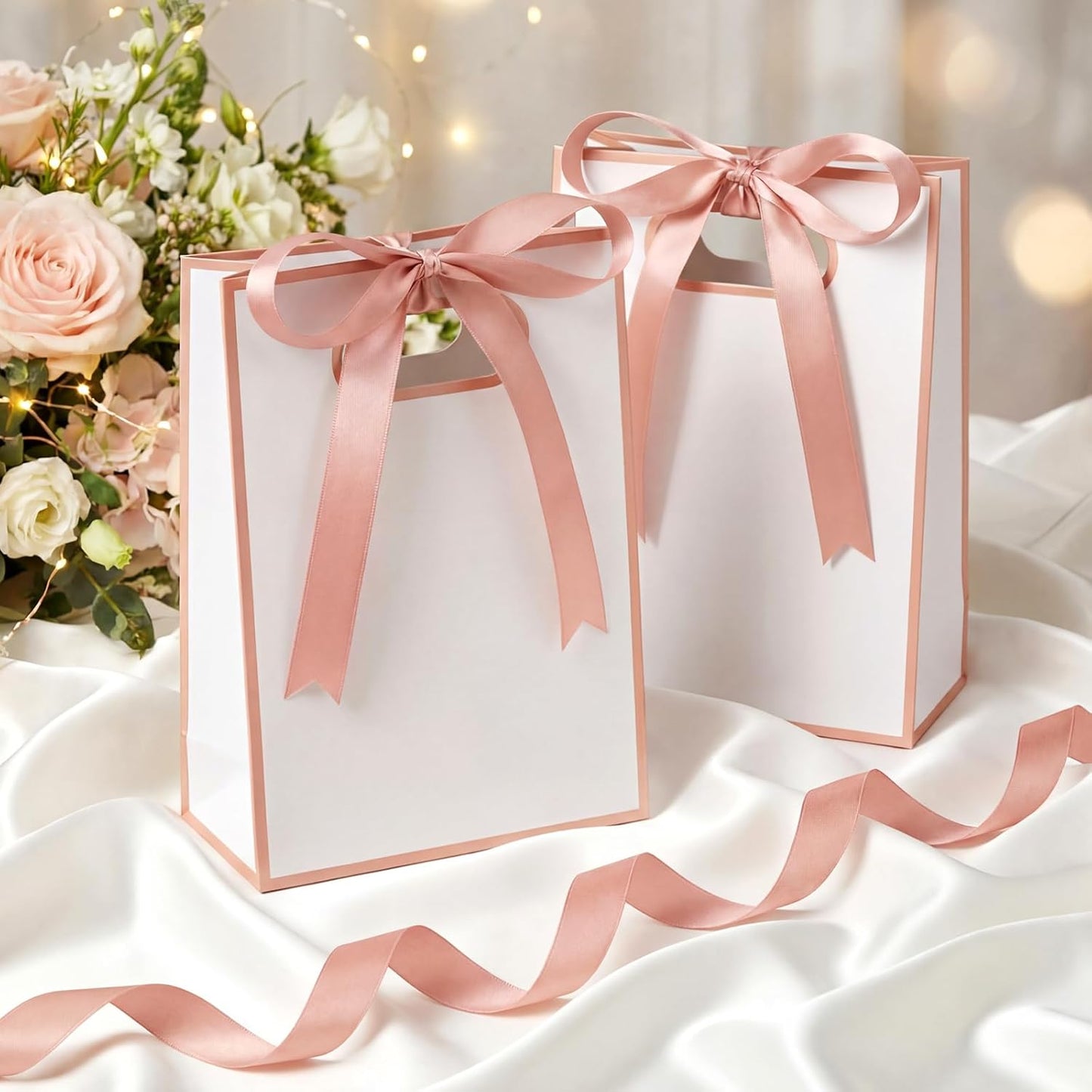 30 Pcs Rose Gold Small Gift Bags with Handles, 10.2 x 7.1 x 3.2 Inch Party Favor Bags with Ribbon Bow for Baby Shower Wedding Bridal Shower Graduation Birthday Party