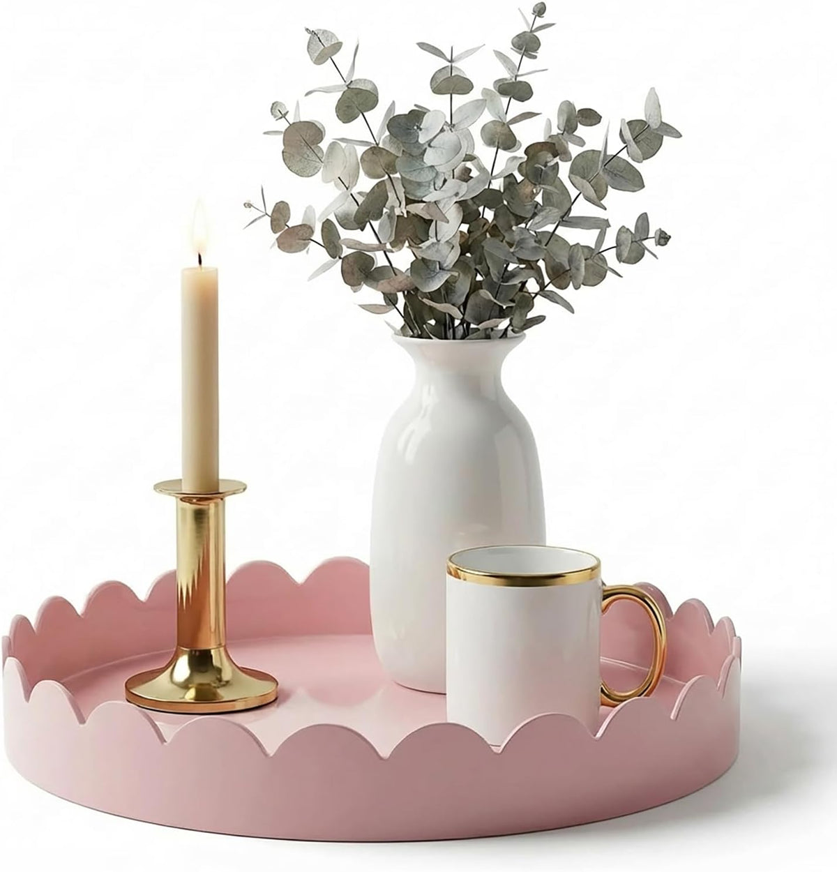 13" Round Scalloped Decorative Tray for Coffee Table Decor, Candle & Perfume Tray, Dining Table Centerpiece & Aromatherapy Candle Display, Modern Glossy Lacquer Look (Pink)