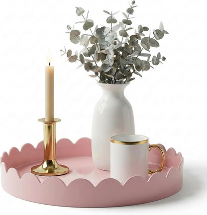 13" Round Scalloped Decorative Tray for Coffee Table Decor, Candle & Perfume Tray, Dining Table Centerpiece & Aromatherapy Candle Display, Modern Glossy Lacquer Look (Pink)