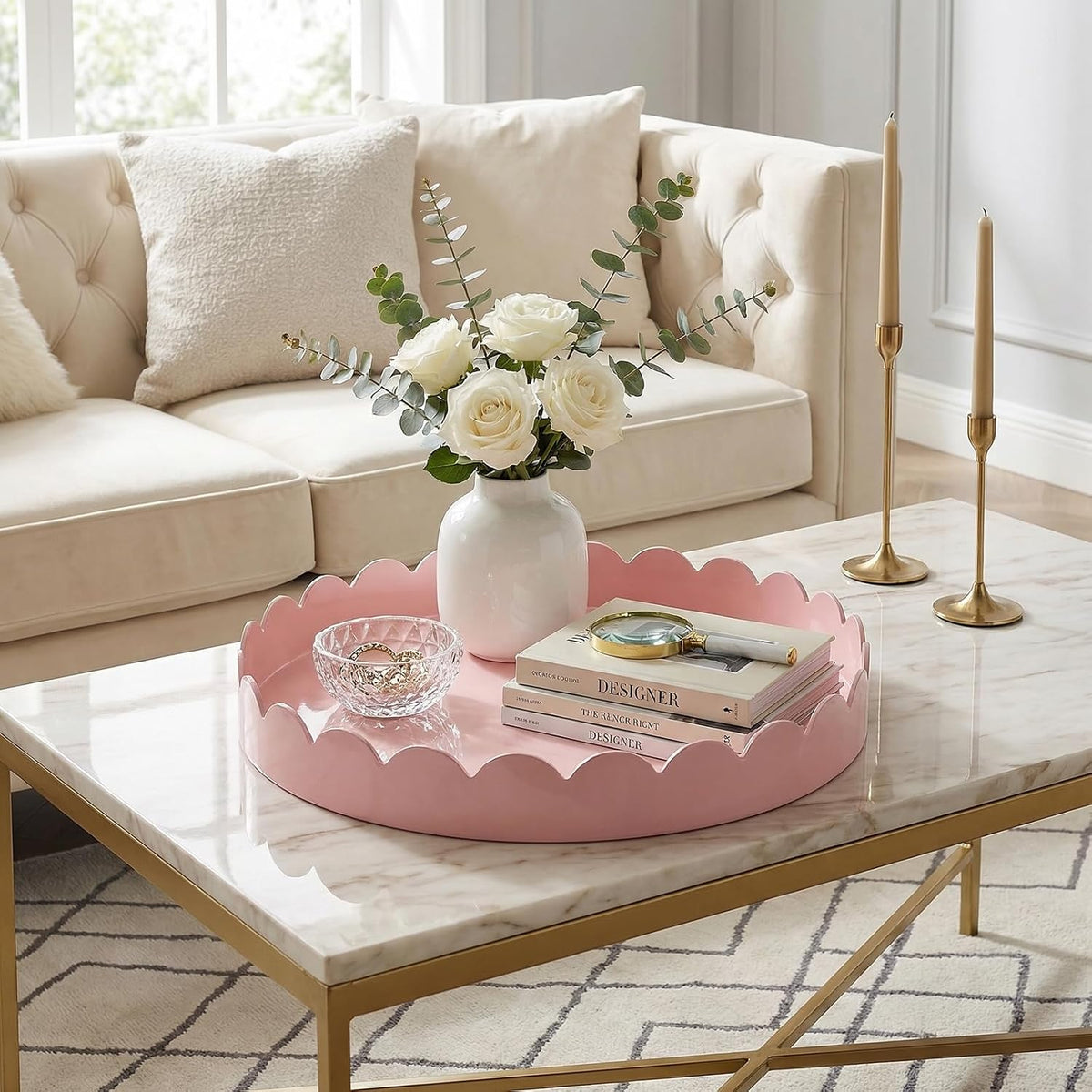 13" Round Scalloped Decorative Tray for Coffee Table Decor, Candle & Perfume Tray, Dining Table Centerpiece & Aromatherapy Candle Display, Modern Glossy Lacquer Look (Pink)