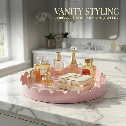 13" Round Scalloped Decorative Tray for Coffee Table Decor, Candle & Perfume Tray, Dining Table Centerpiece & Aromatherapy Candle Display, Modern Glossy Lacquer Look (Pink)