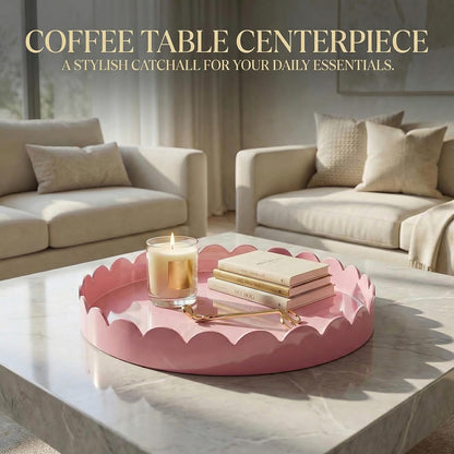13" Round Scalloped Decorative Tray for Coffee Table Decor, Candle & Perfume Tray, Dining Table Centerpiece & Aromatherapy Candle Display, Modern Glossy Lacquer Look (Pink)