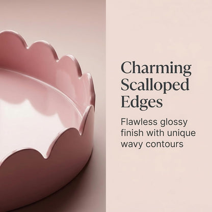 13" Round Scalloped Decorative Tray for Coffee Table Decor, Candle & Perfume Tray, Dining Table Centerpiece & Aromatherapy Candle Display, Modern Glossy Lacquer Look (Pink)