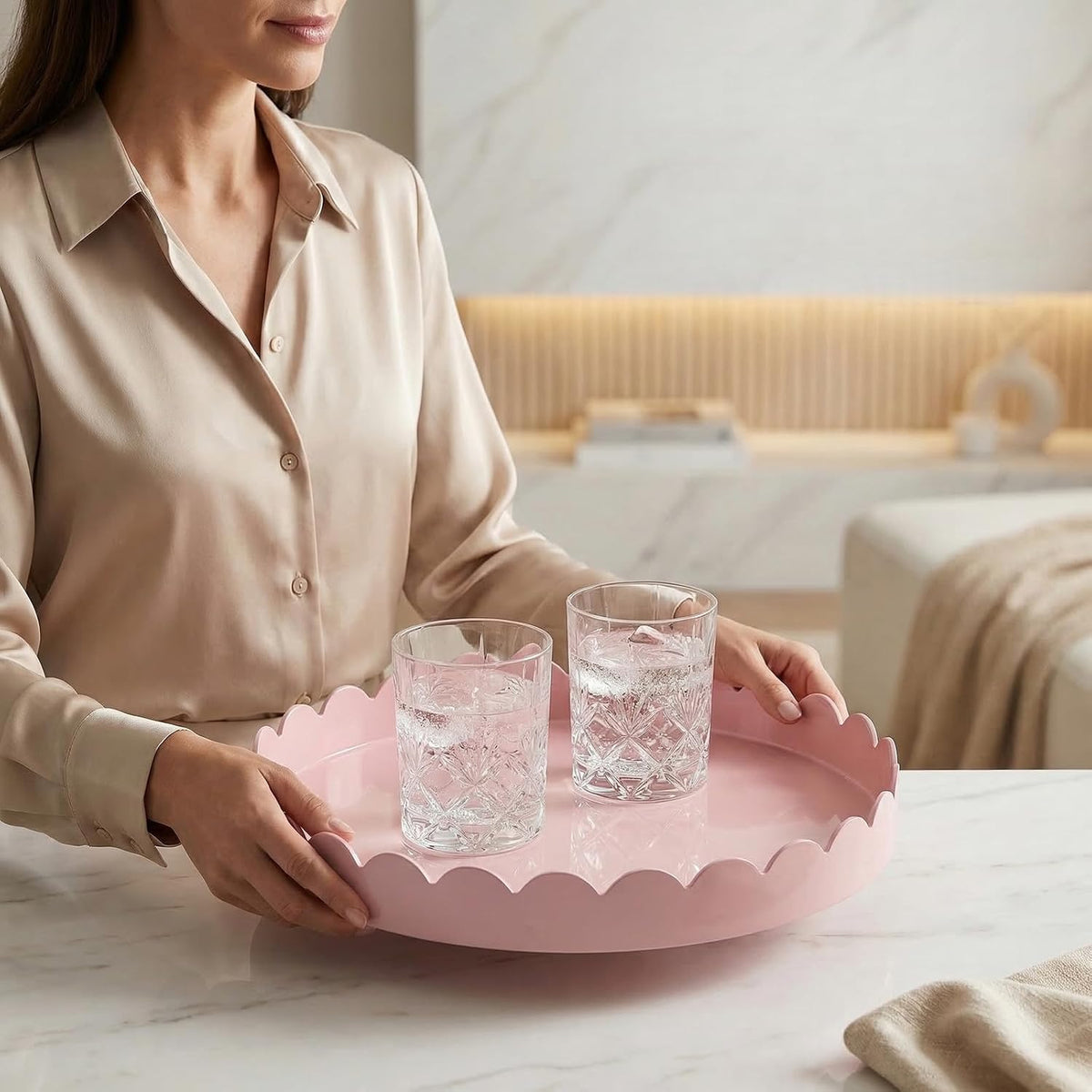 13" Round Scalloped Decorative Tray for Coffee Table Decor, Candle & Perfume Tray, Dining Table Centerpiece & Aromatherapy Candle Display, Modern Glossy Lacquer Look (Pink)