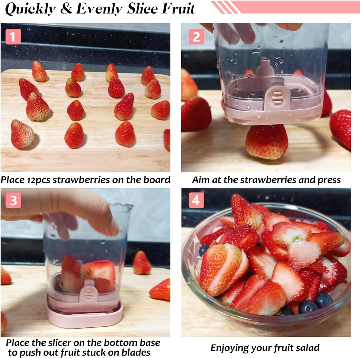 Creative Strawberry Slicer, Detachable Cutter with Push Plate (Pink)