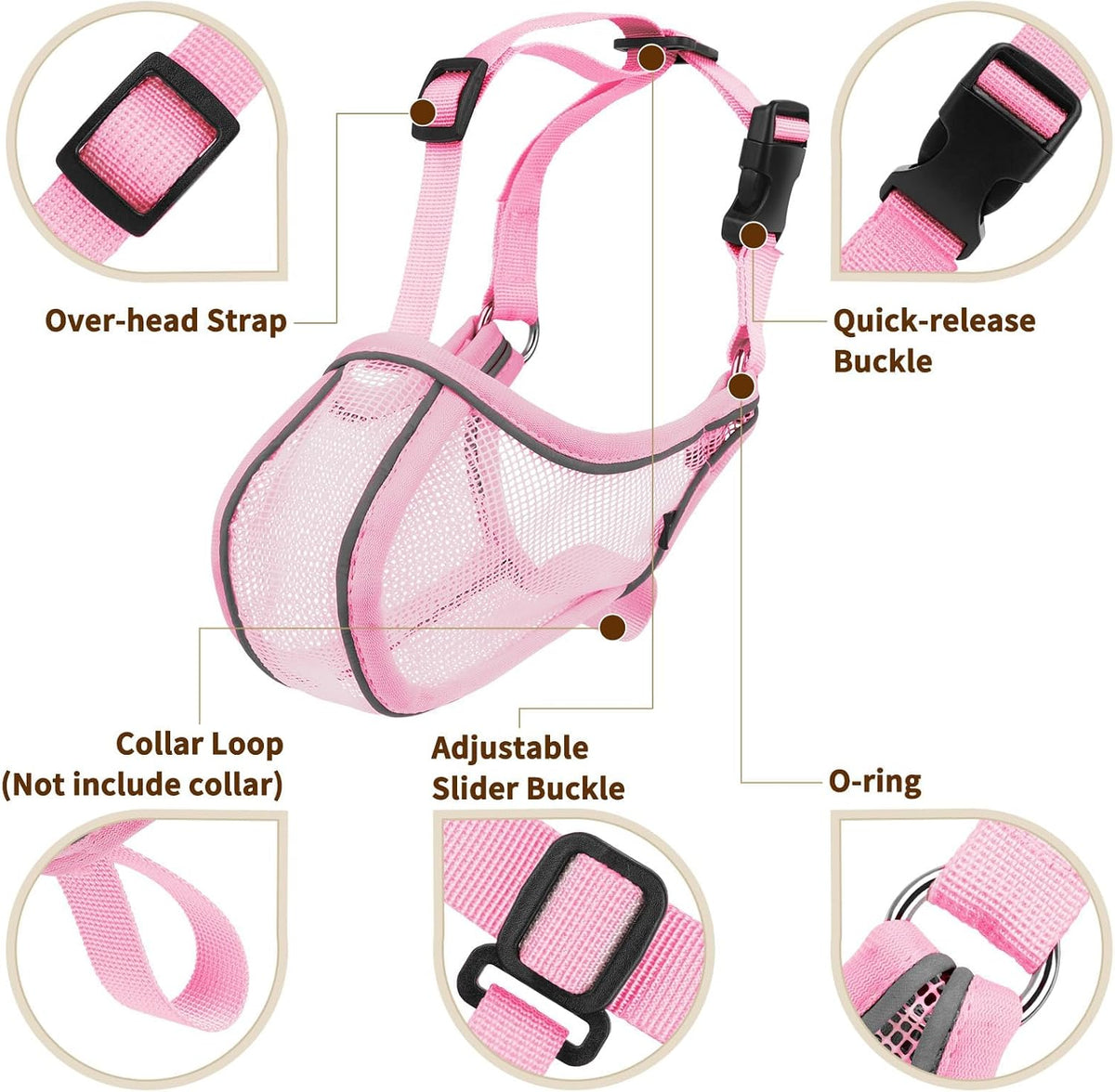 Dog Muzzle Mesh to Prevent Scavenging Biting Chewing | Pink, S