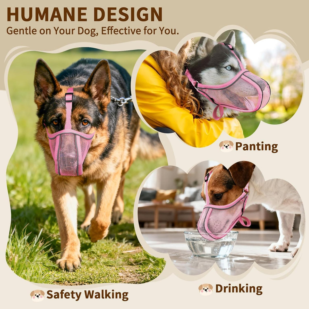 Dog Muzzle Mesh to Prevent Scavenging Biting Chewing | Pink, S