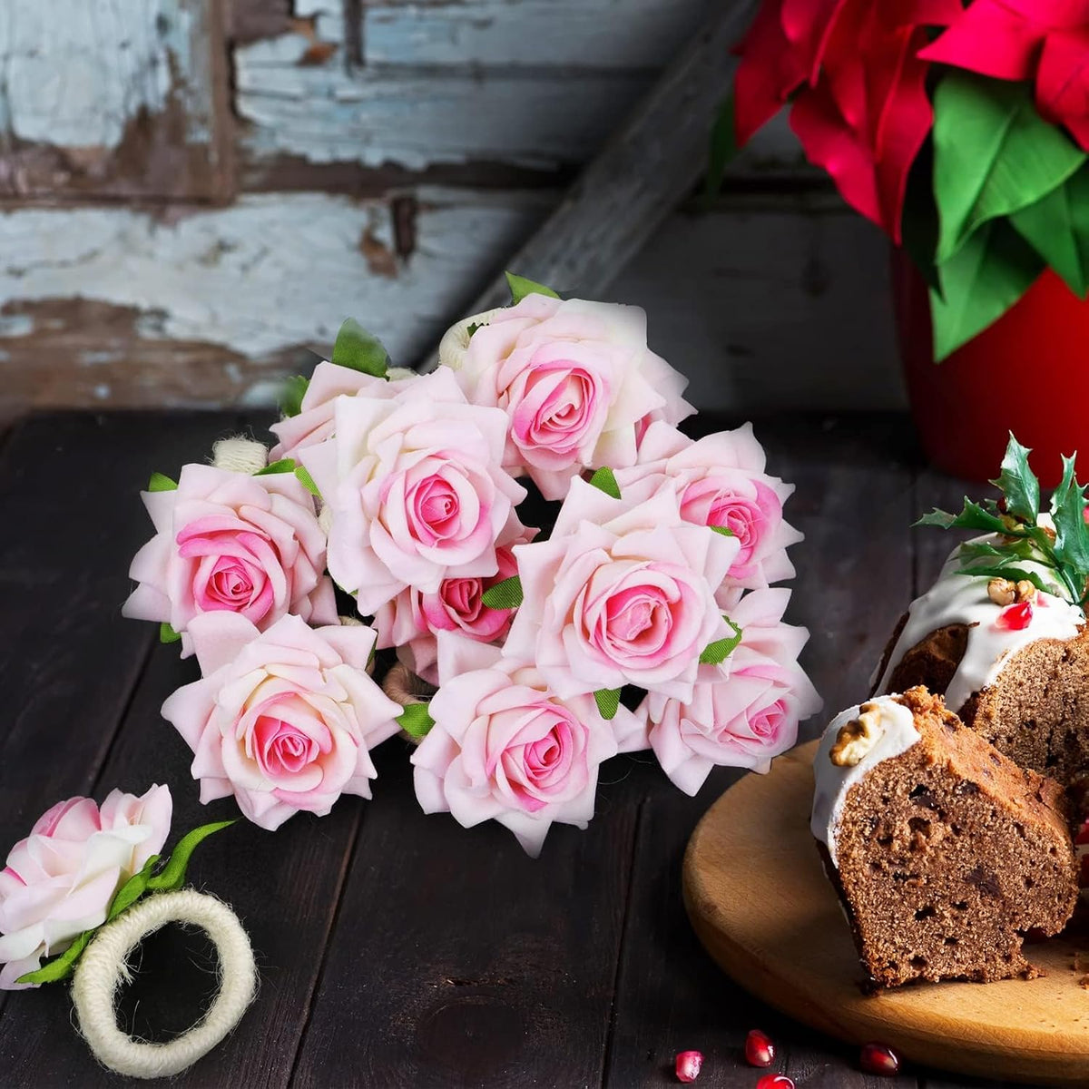 Set of 24 Flower Christmas Napkin Rings Champagne Rose Napkin Rings Handicraft Pink Napkin Holder Wedding Napkin Holder Table Decoration for Mother Wedding Banquet Birthday Party