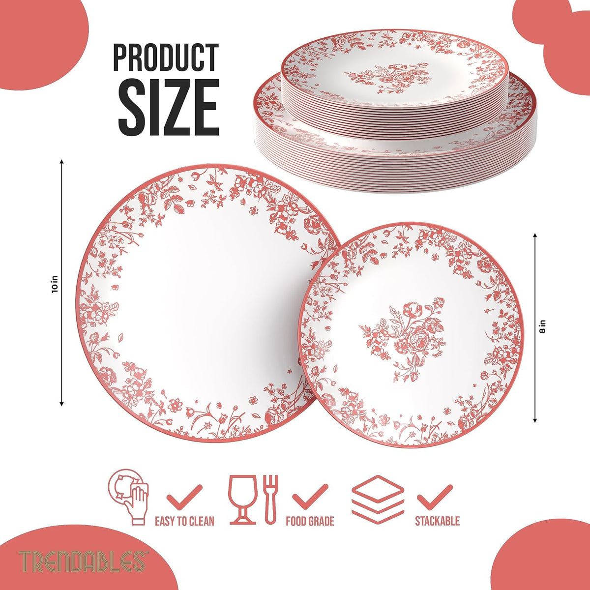 Disposable Plates for Party Supplies | Pink Floral Plastic Plates for Wedding 80 Pcs - 40 X 8 & 40 X 10 Dinner Plate Sets | Floral Plate Set Disposable Plastic Dinnerware Sets