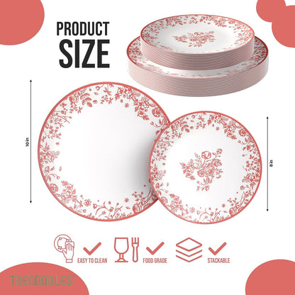 Disposable Plates for Party Supplies | Pink Floral Plastic Plates for Wedding 80 Pcs - 40 X 8 & 40 X 10 Dinner Plate Sets | Floral Plate Set Disposable Plastic Dinnerware Sets