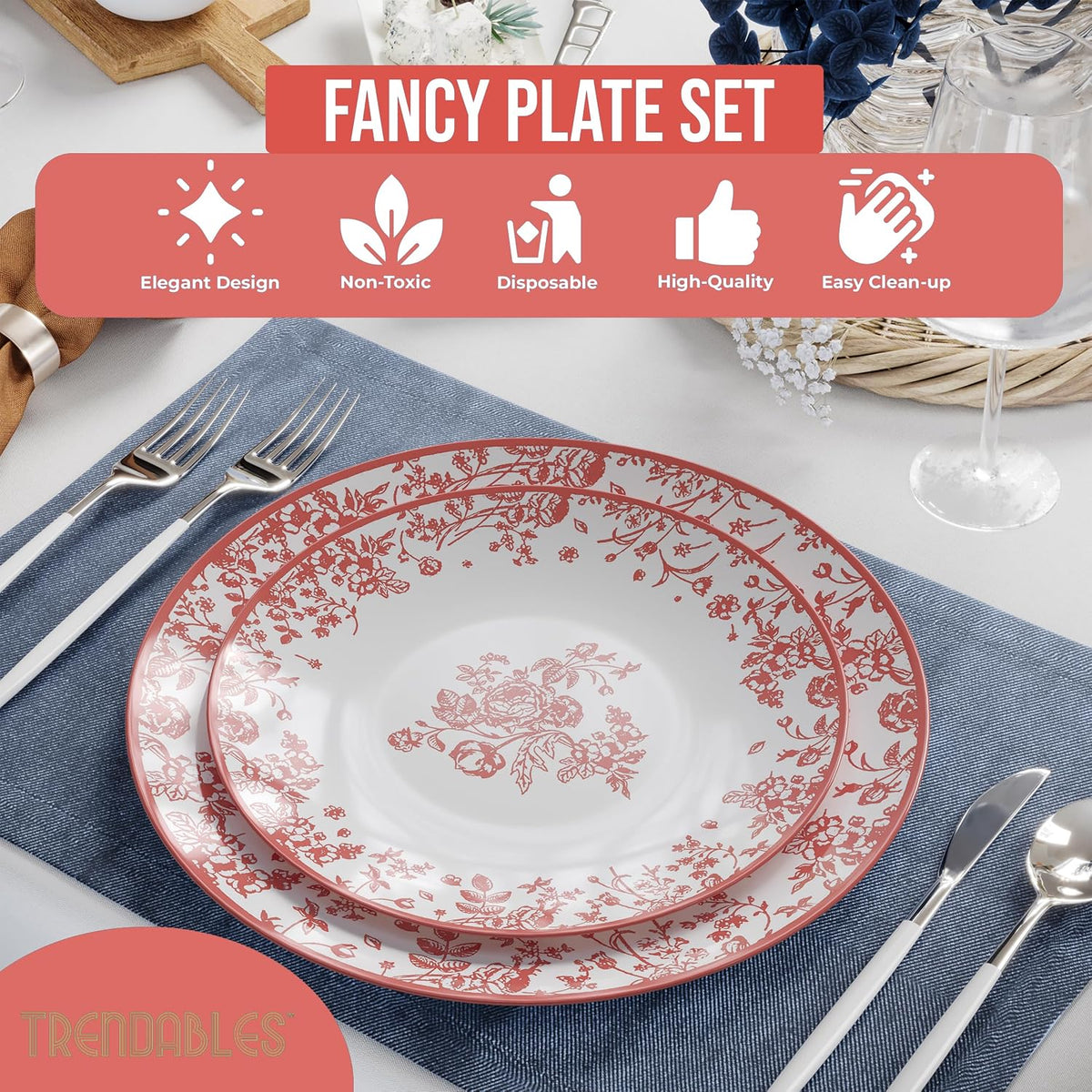 Disposable Plates for Party Supplies | Pink Floral Plastic Plates for Wedding 80 Pcs - 40 X 8 & 40 X 10 Dinner Plate Sets | Floral Plate Set Disposable Plastic Dinnerware Sets