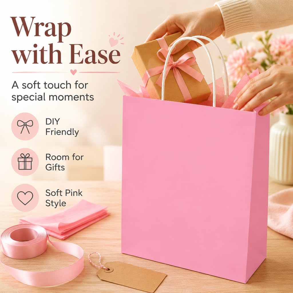 Pink Paper Gift Bags with Handles DIY Birthday Party Favor Bags