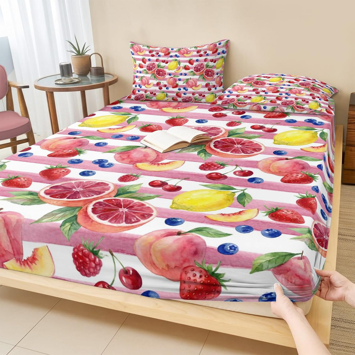 Queen Fitted Sheet Deep Pocket Bed Sheets with Elastic, Summer Peach Lemon Grapefruit Microfiber Bed Sheet Set, Blueberry Strawberry Pink Stripe Decorative Mattress Cover with 2 Pillowcase