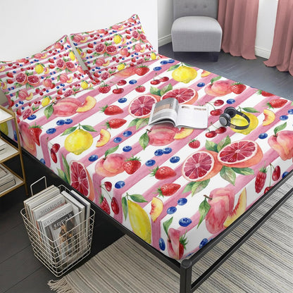 Queen Fitted Sheet Deep Pocket Bed Sheets with Elastic, Summer Peach Lemon Grapefruit Microfiber Bed Sheet Set, Blueberry Strawberry Pink Stripe Decorative Mattress Cover with 2 Pillowcase