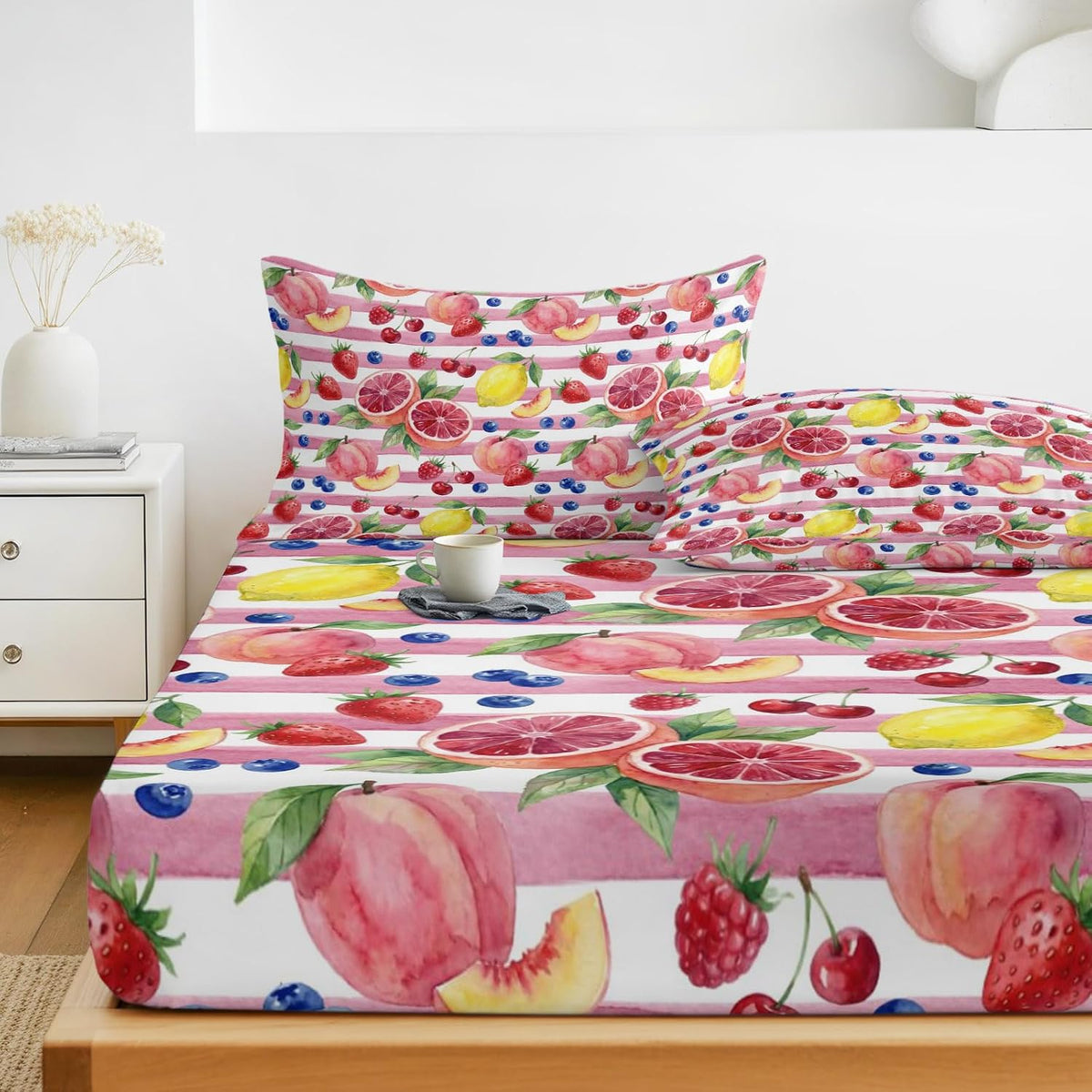 Queen Fitted Sheet Deep Pocket Bed Sheets with Elastic, Summer Peach Lemon Grapefruit Microfiber Bed Sheet Set, Blueberry Strawberry Pink Stripe Decorative Mattress Cover with 2 Pillowcase