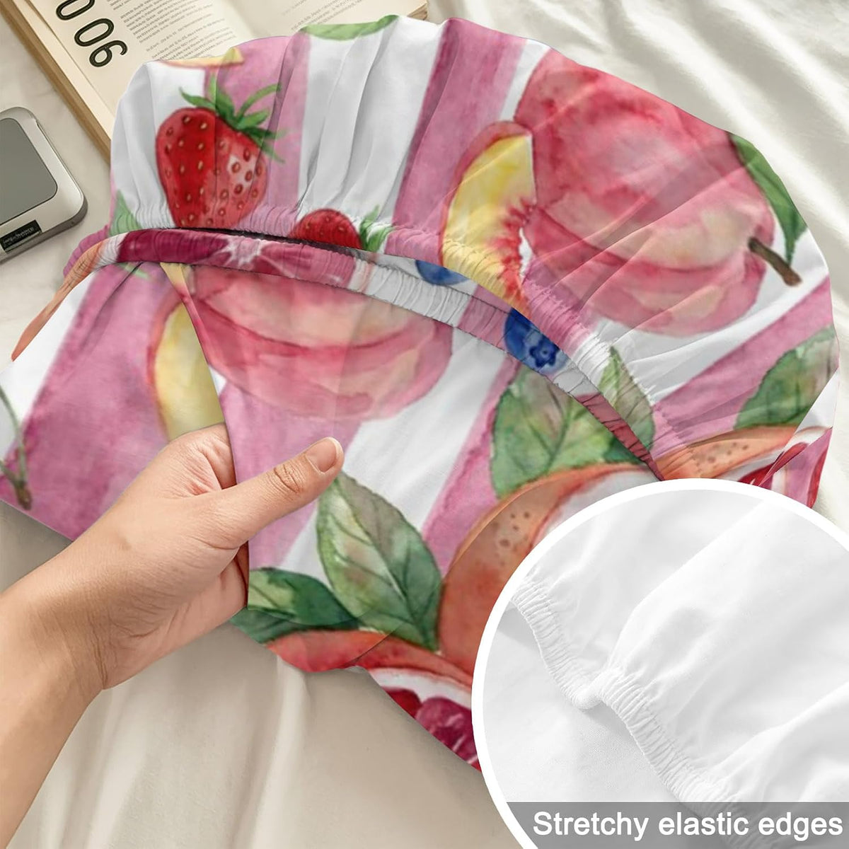 Queen Fitted Sheet Deep Pocket Bed Sheets with Elastic, Summer Peach Lemon Grapefruit Microfiber Bed Sheet Set, Blueberry Strawberry Pink Stripe Decorative Mattress Cover with 2 Pillowcase