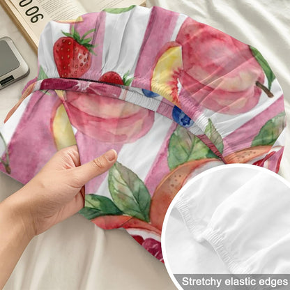 Queen Fitted Sheet Deep Pocket Bed Sheets with Elastic, Summer Peach Lemon Grapefruit Microfiber Bed Sheet Set, Blueberry Strawberry Pink Stripe Decorative Mattress Cover with 2 Pillowcase
