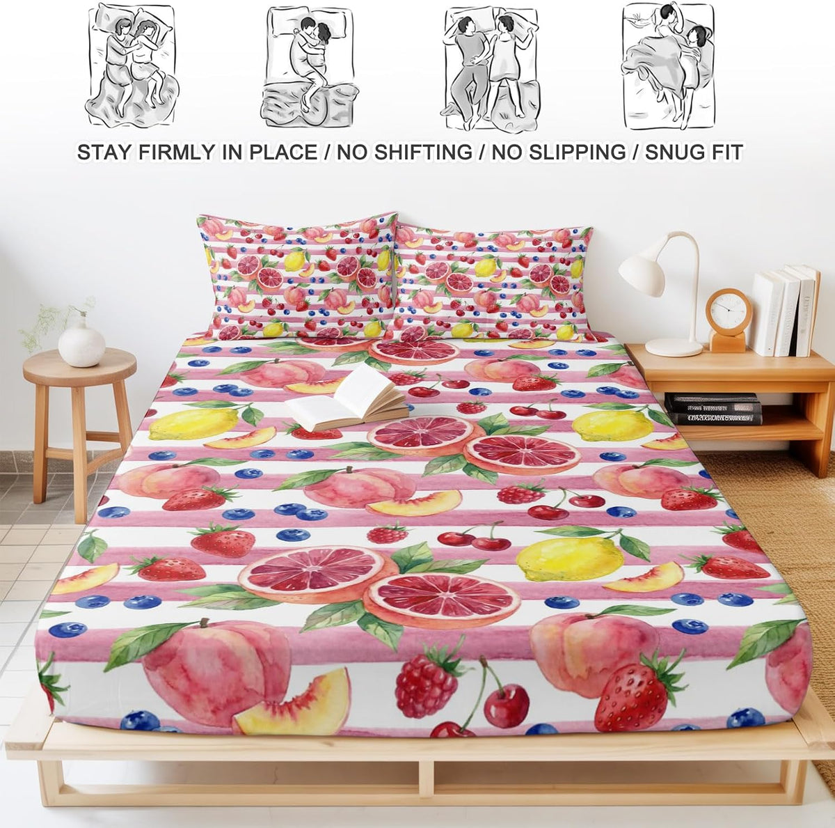 Queen Fitted Sheet Deep Pocket Bed Sheets with Elastic, Summer Peach Lemon Grapefruit Microfiber Bed Sheet Set, Blueberry Strawberry Pink Stripe Decorative Mattress Cover with 2 Pillowcase