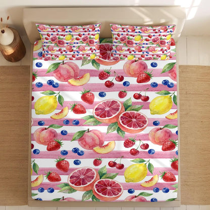 Queen Fitted Sheet Deep Pocket Bed Sheets with Elastic, Summer Peach Lemon Grapefruit Microfiber Bed Sheet Set, Blueberry Strawberry Pink Stripe Decorative Mattress Cover with 2 Pillowcase