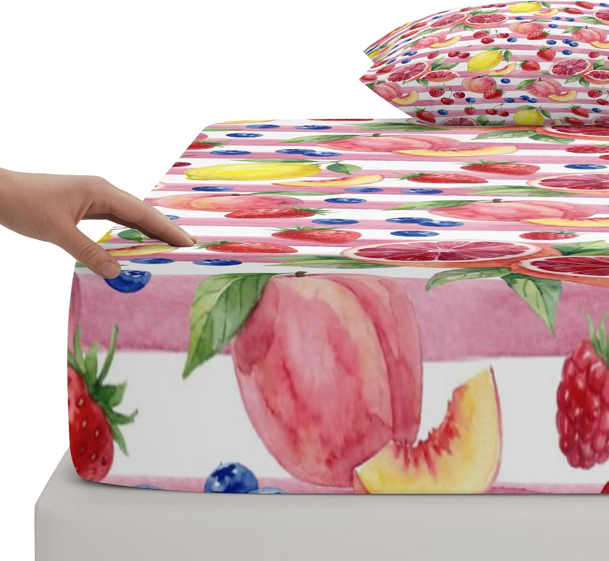 Queen Fitted Sheet Deep Pocket Bed Sheets with Elastic, Summer Peach Lemon Grapefruit Microfiber Bed Sheet Set, Blueberry Strawberry Pink Stripe Decorative Mattress Cover with 2 Pillowcase