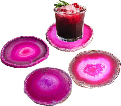 Set of 4 Dyed Pink Agate Geode Coasters Slices with Rubber Bumpers