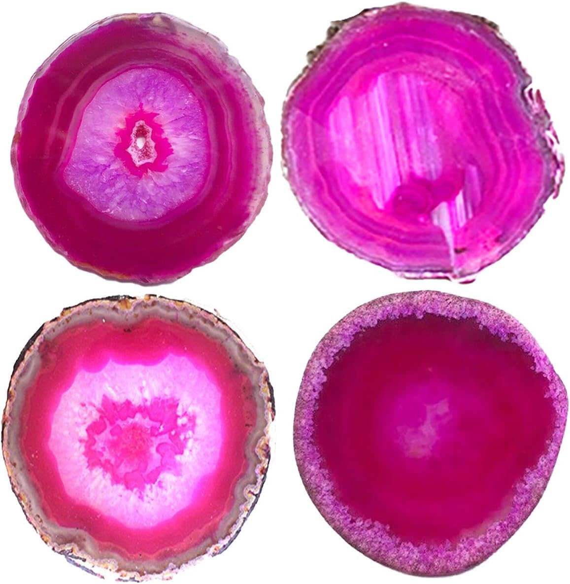Set of 4 Dyed Pink Agate Geode Coasters Slices with Rubber Bumpers
