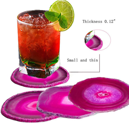 Set of 4 Dyed Pink Agate Geode Coasters Slices with Rubber Bumpers