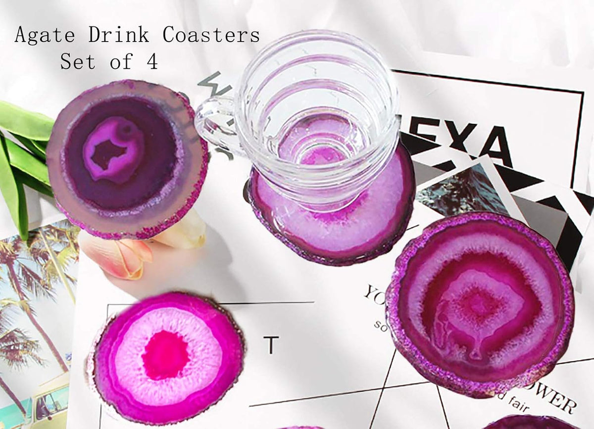 Set of 4 Dyed Pink Agate Geode Coasters Slices with Rubber Bumpers